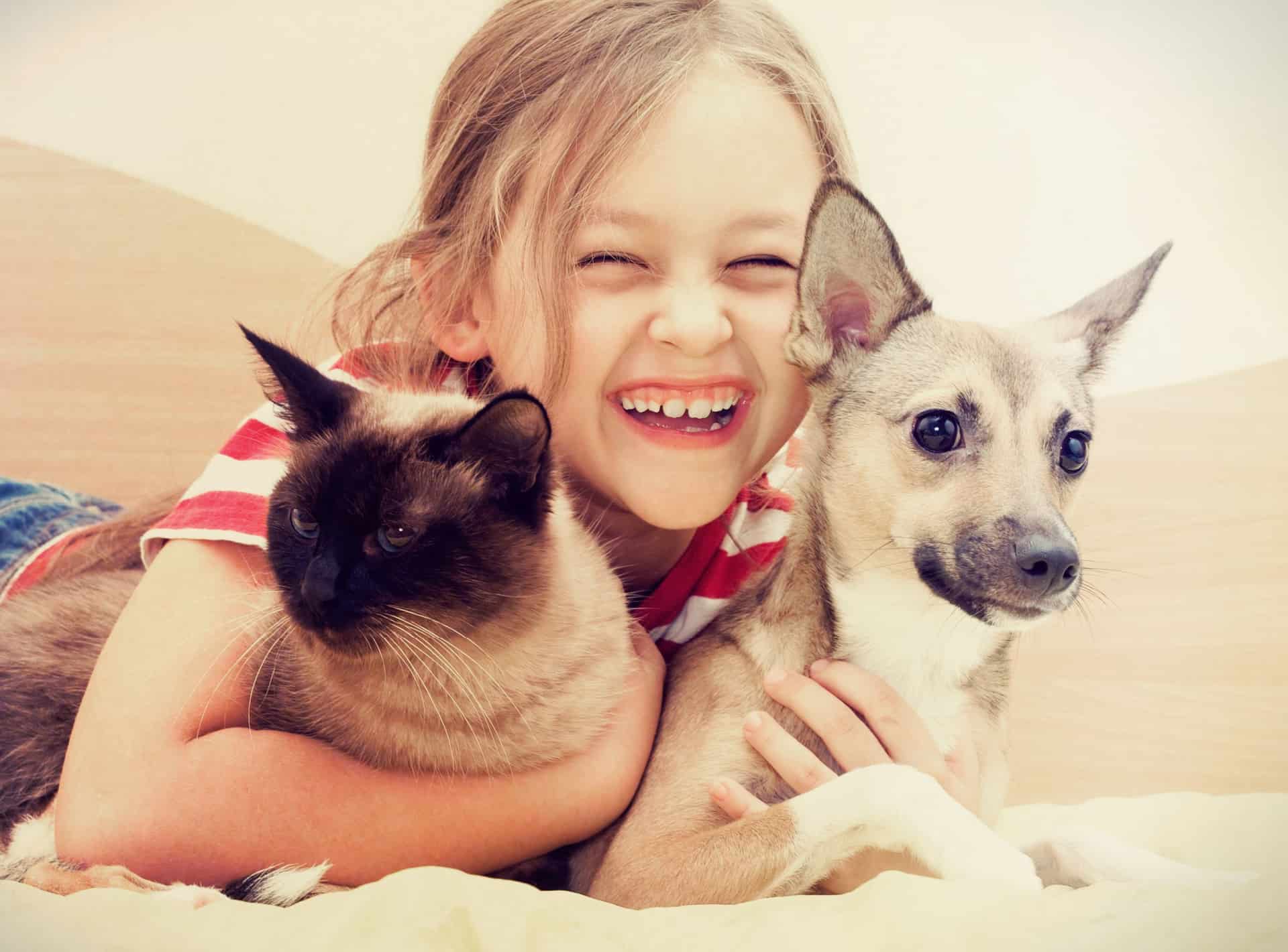 ילדה עם כלב וחתול